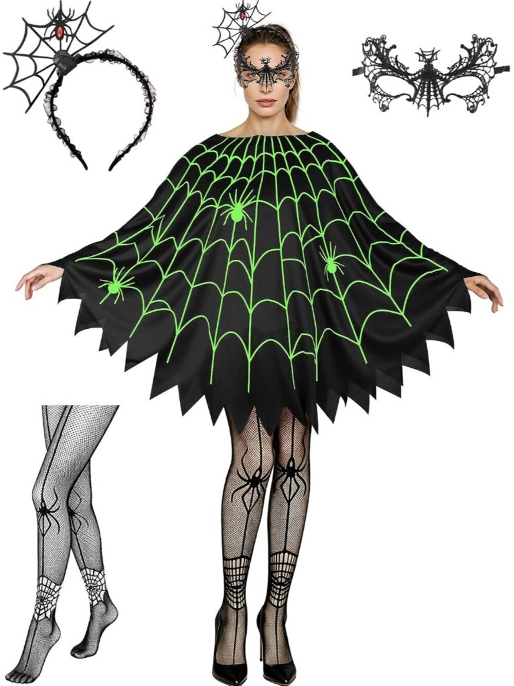 🎃Women's Black Halloween Glow in Dark Spider Web Headband Mask Stocking Costume